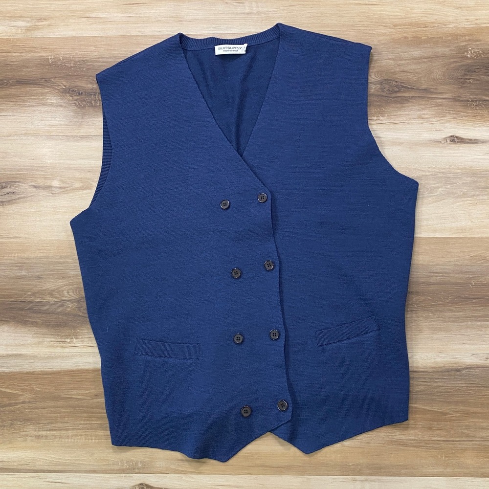 Suitsupply Vest XL Merino Wool Double Breasted Knit Waistcoat Blue